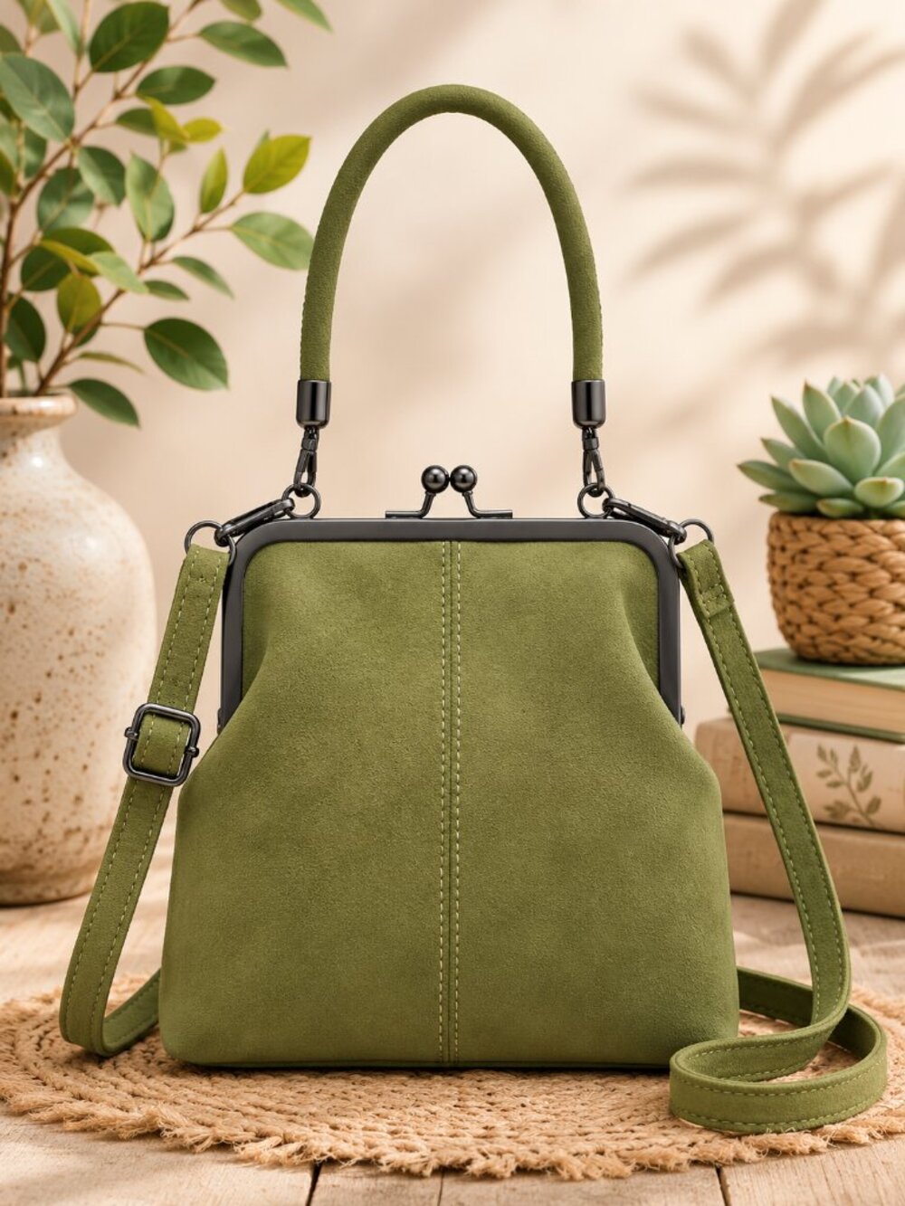 Olive Fern Green Faux Suede Kiss Lock Crossbody Satchel Vintage Style Purse NWT